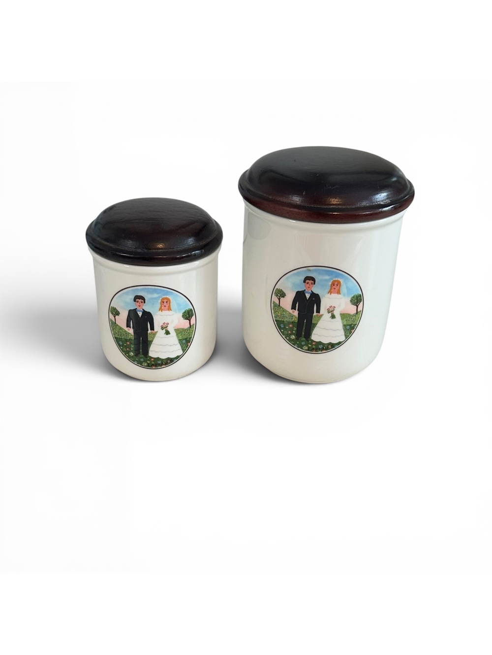 VTG Villeroy & Boch Folk Art Wedding Canister Set Wood Lids Ceramic Kitchen Jars
